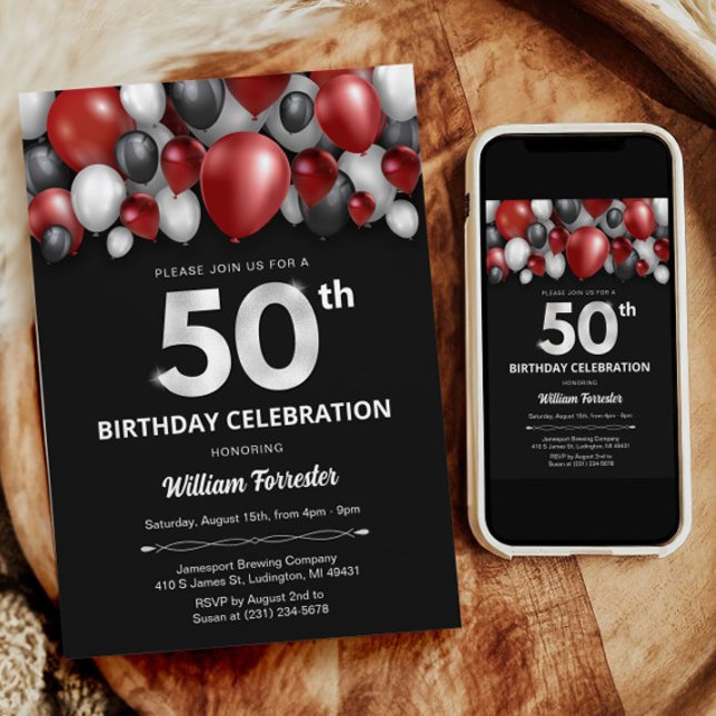 Black Red Silver & White 50th Birthday Invitation (Black Red Silver & White 50th Birthday Invitation)