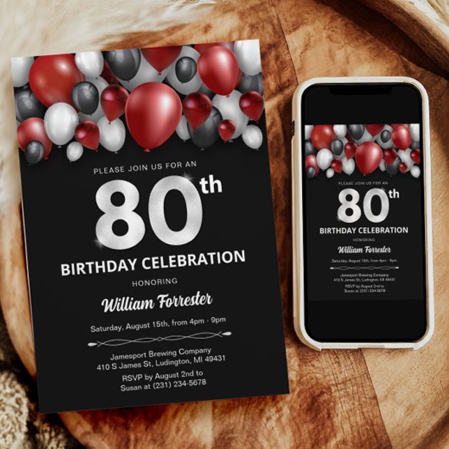 Black Red Silver & White 80th Birthday Invitation (Black Red Silver & White 80th Birthday Invitation)