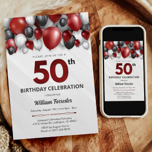 Black Red Silver & White Invitation 50th Birthday