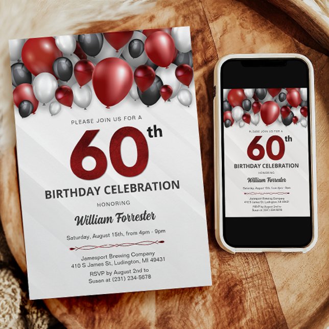Black Red Silver & White Invitation 60e anniversai (Black Red Silver & White 60th Birthday Invitation)