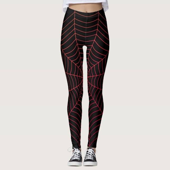 Black red spider web Halloween pattern Leggings (Front)