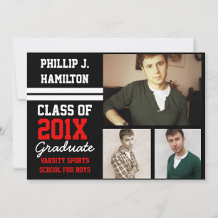 Black/Red Sporty Boys 3 Photo Graduation Invitation