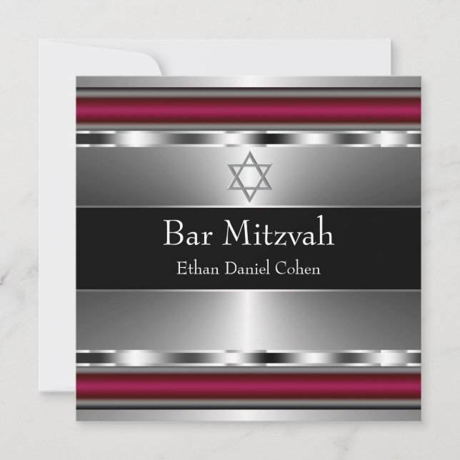 Black Red Star of David Bar Mitzvah Invitation (Front)