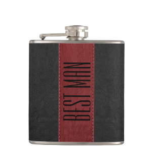 Black & Red Stitched Faux Leather Best Man Hip Flask