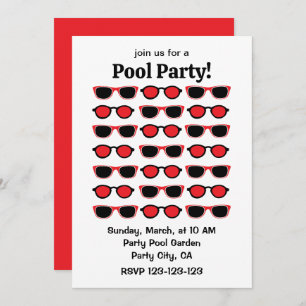 Black Red Sunglasses Summer Pool Party Invitation