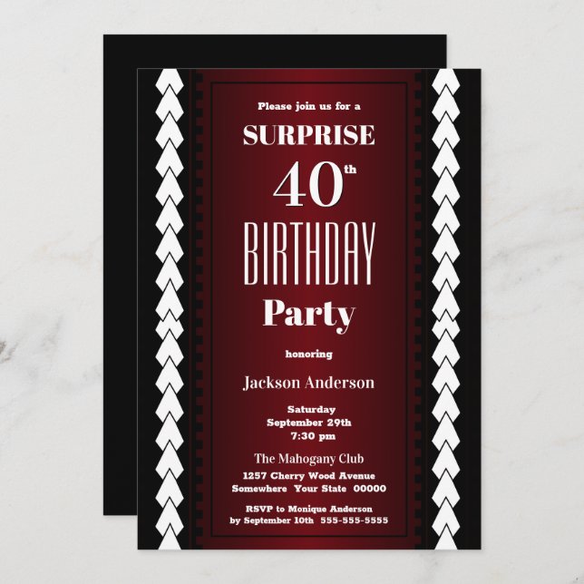 Black Red Surprise 40th Birthday Party Invitation (Front/Back)