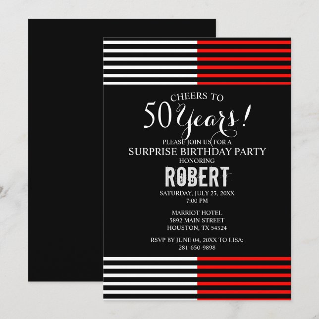 Black & Red Surprise Invitation de fête d'annivers (Devant / Derrière)