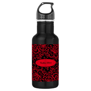 Black Red Swirl Water Bottle with Name
