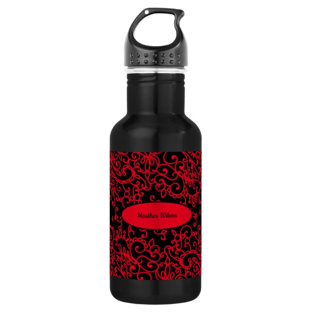 Black Red Swirl Water Bottle with Name (Front)