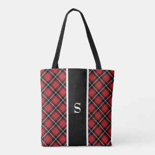 Black Red Tartan Plaid Monogram Tote Bag