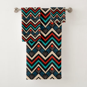 Black Red Teal Beige Aztec Pattern Bath Towel Set