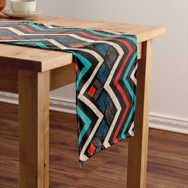 Black Red Teal Beige Aztec Pattern Short Table Runner (In Situ)