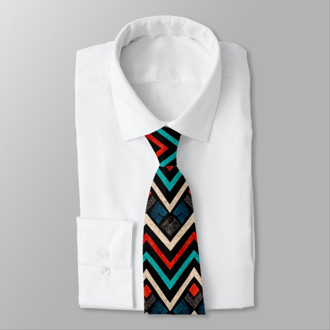 Black Red Teal Beige Aztec Pattern Tie (Tied)