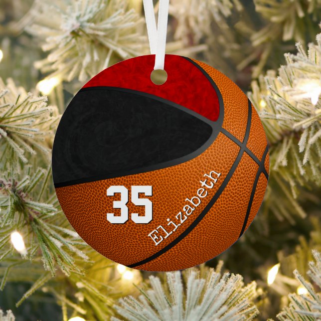 black red team colours girly basketball custom metal ornament (Insitu)