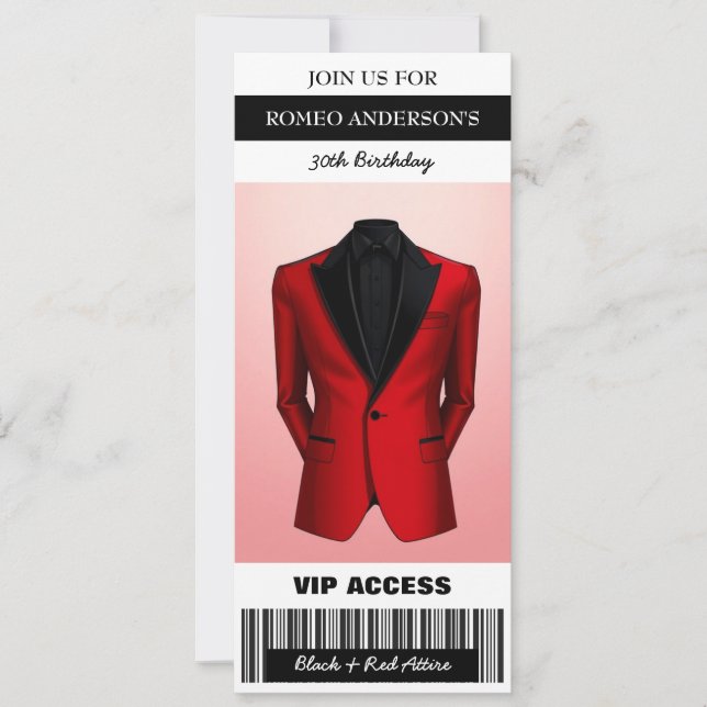 Black Red Tuxedo Birthday Ticket Invitation (Front)