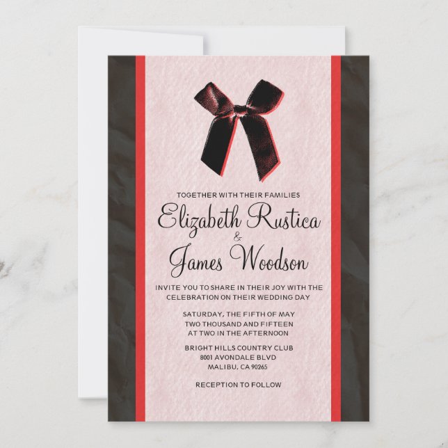 Black Red Vintage Bow & Linen Wedding Invitations (Front)