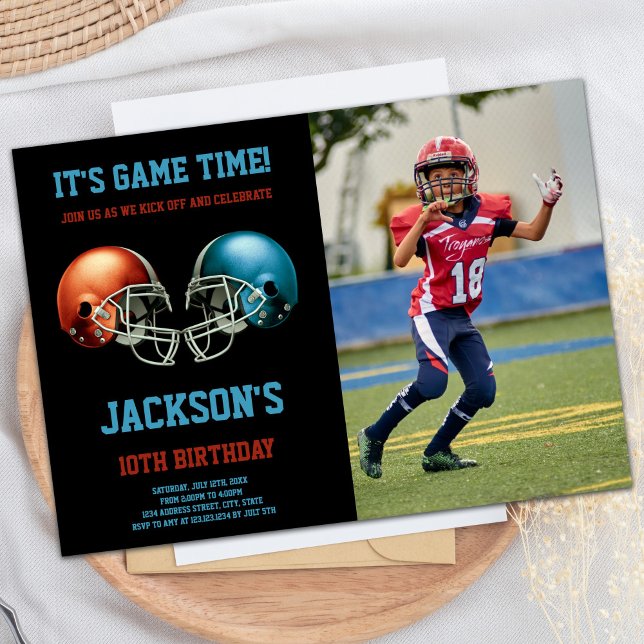 Black Red vs Blue Photo Football Birthday Invitation (Black Red vs Blue Photo Football Birthday Invitation)