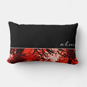 Black Red & White Abstract Floral   Monogram Lumbar Pillow