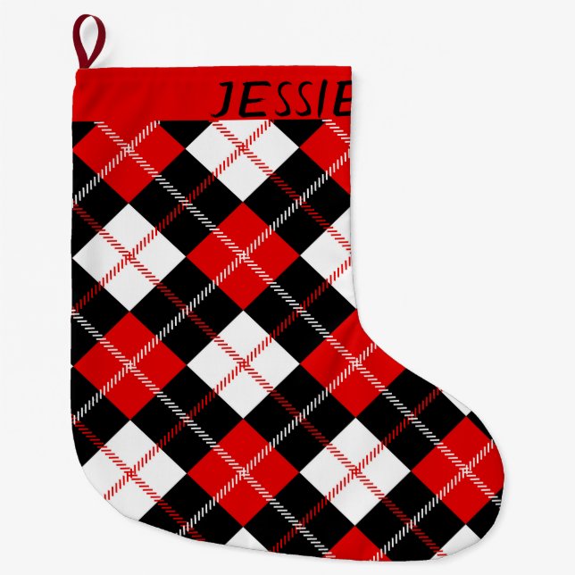 Black Red White Argyle Personalized Large Christmas Stocking (Front)