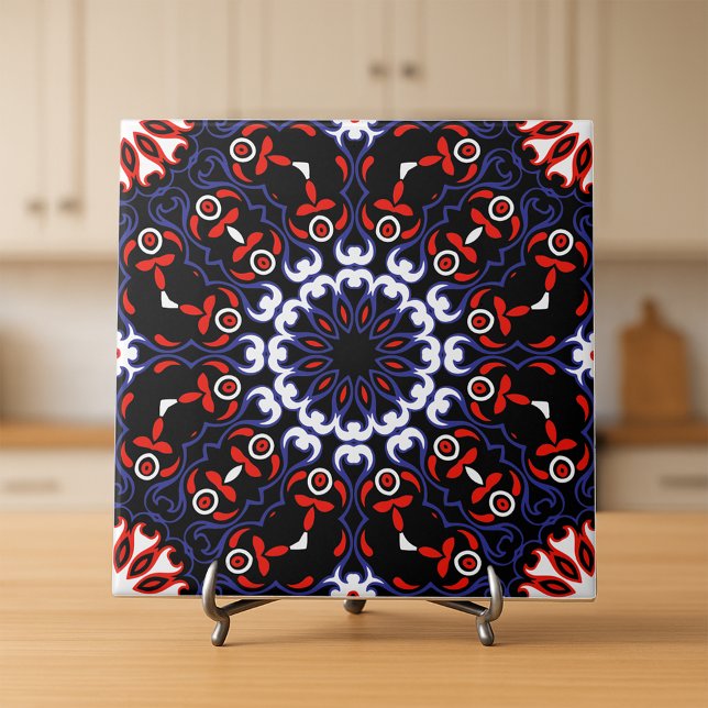 Black Red White Blue Ethnic Boho Mosaic Pattern Tile (Creator Uploaded)