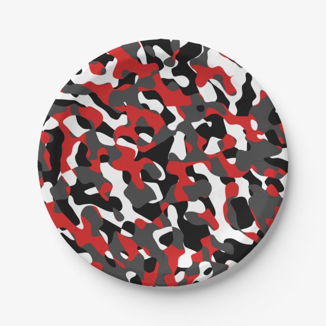 Black Red White Camouflage Print Pattern Paper Plate (Front)