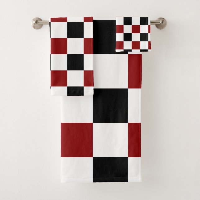 Black Red White Chequered Bath Towel Set (Insitu)