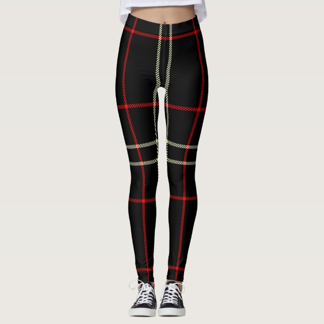 Black, Red, White Cream Colours Twill Tartan; Plai Leggings (Front)
