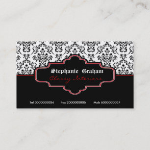 Black red white damask interiors business card