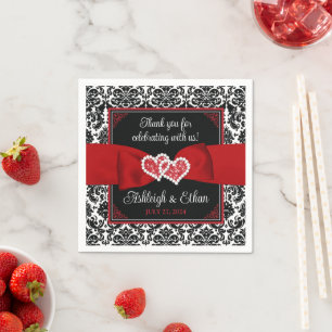 Black, Red, White Damask Love Hearts Wedding Napkin