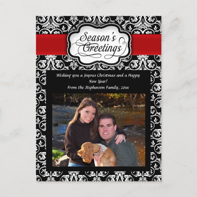 Black/Red/White Damask Season's Greeting Postcard (Front)