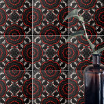 Black Red White Ethnic Ornate Geometric Pattern Tile<br><div class="desc">Unique decorative tile design featuring red and white geometric ornaments on a black background.</div>