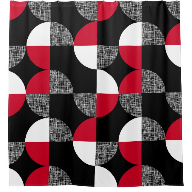 Black, red, white geometric plaid pattern. (Front)