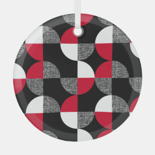 Black, red, white geometric plaid pattern. glass ornament