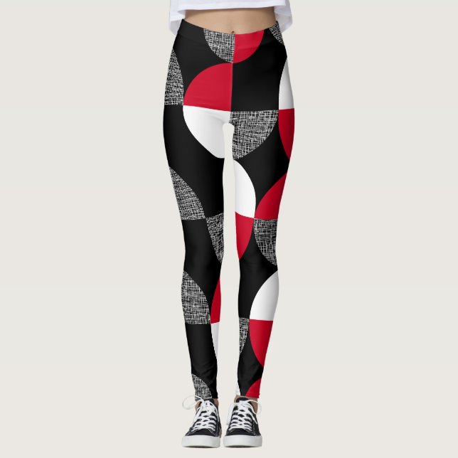 Black, red, white geometric plaid pattern. leggings (Front)