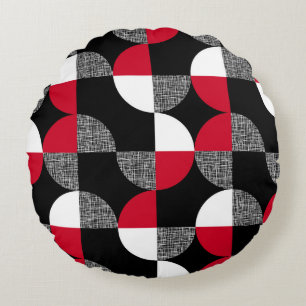 Black, red, white geometric plaid pattern. round pillow