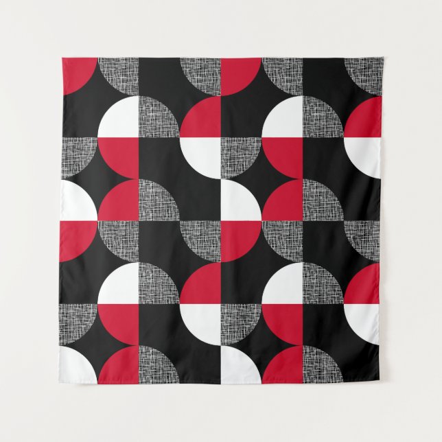 Black, red, white geometric plaid pattern. tapestry (Front)