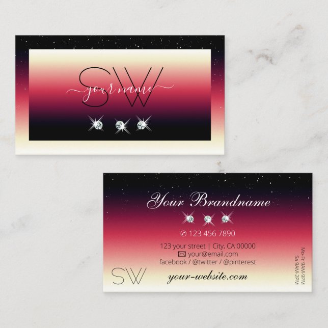 Black Red White Gradient Sparkle Diamonds Monogram Business Card (Front/Back)