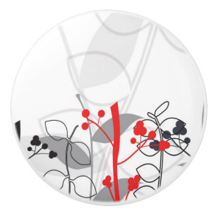 Black Red White Grey Botanical Floral Dresser Ceramic Knob