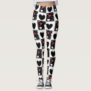 Black Red White Heart Patterned Leggings