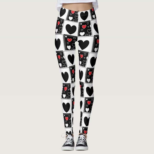 Black Red White Heart Patterned Leggings (Front)