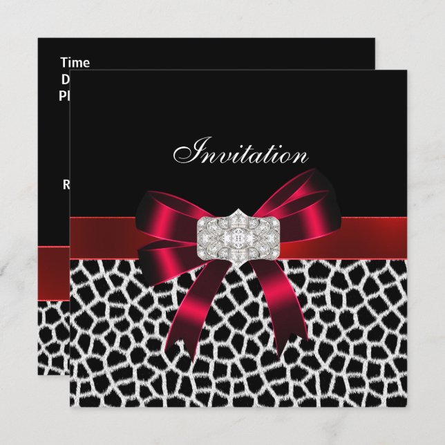 Black Red White Jewel Bow Invitation Animal Print (Front/Back)