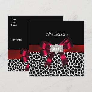 Black Red White Jewel Bow Invitation Animal Print