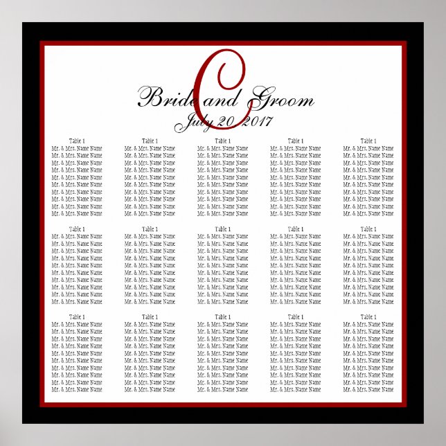 Black Red White Monogram Wedding Seating Chart 150 (Front)