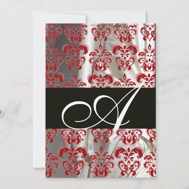 BLACK RED WHITE SILK DAMASK CLOTH MONOGRAM SILVER INVITATION (Front)