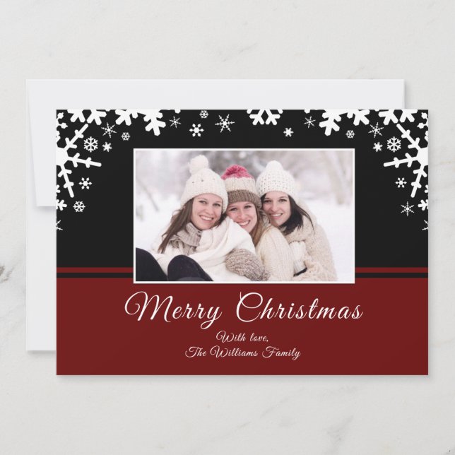 Black red white snowflakes Christmas photo Holiday Card (Front)