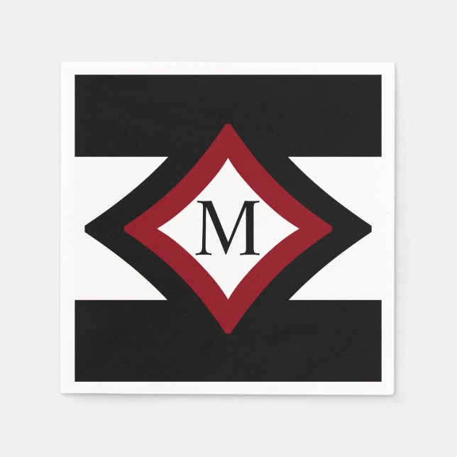 Black, Red & White Stylish Diamond Shaped Monogram Napkin (Front)