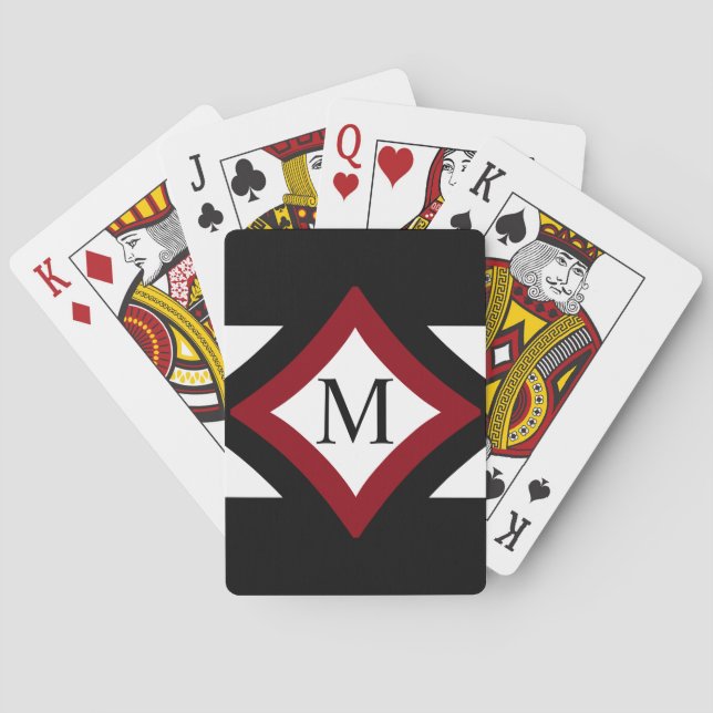 Black, Red & White Stylish Diamond Shaped Monogram Playing Cards (Back)