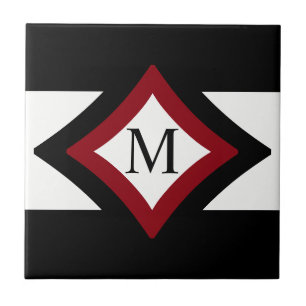 Black, Red & White Stylish Diamond Shaped Monogram Tile