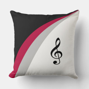 Black, Red White Wavy Lines & Musical Treble Clef Throw Pillow