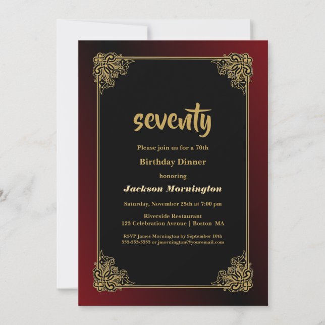 Black Red with Gold Frame 70th Birthday Dinner Invitation (Front)